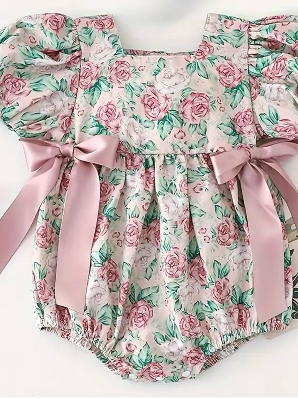Pink Floral Baby Girls One-Piece Romper with Bows
